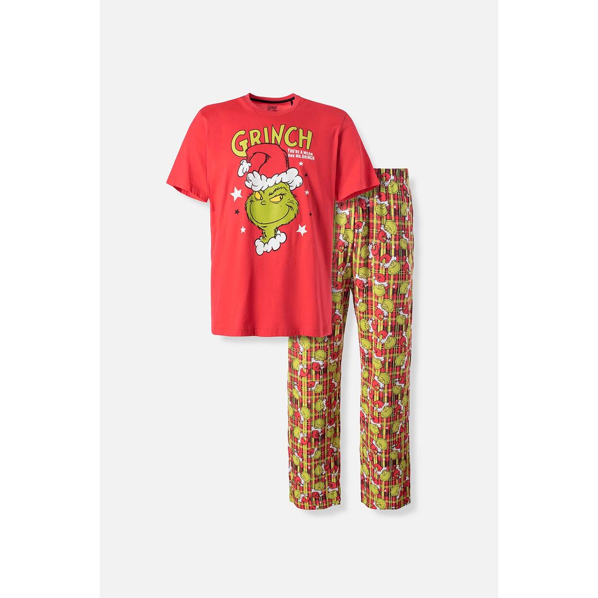 MIC - Pijama de Grinch con pantalón largo rojo para hombre