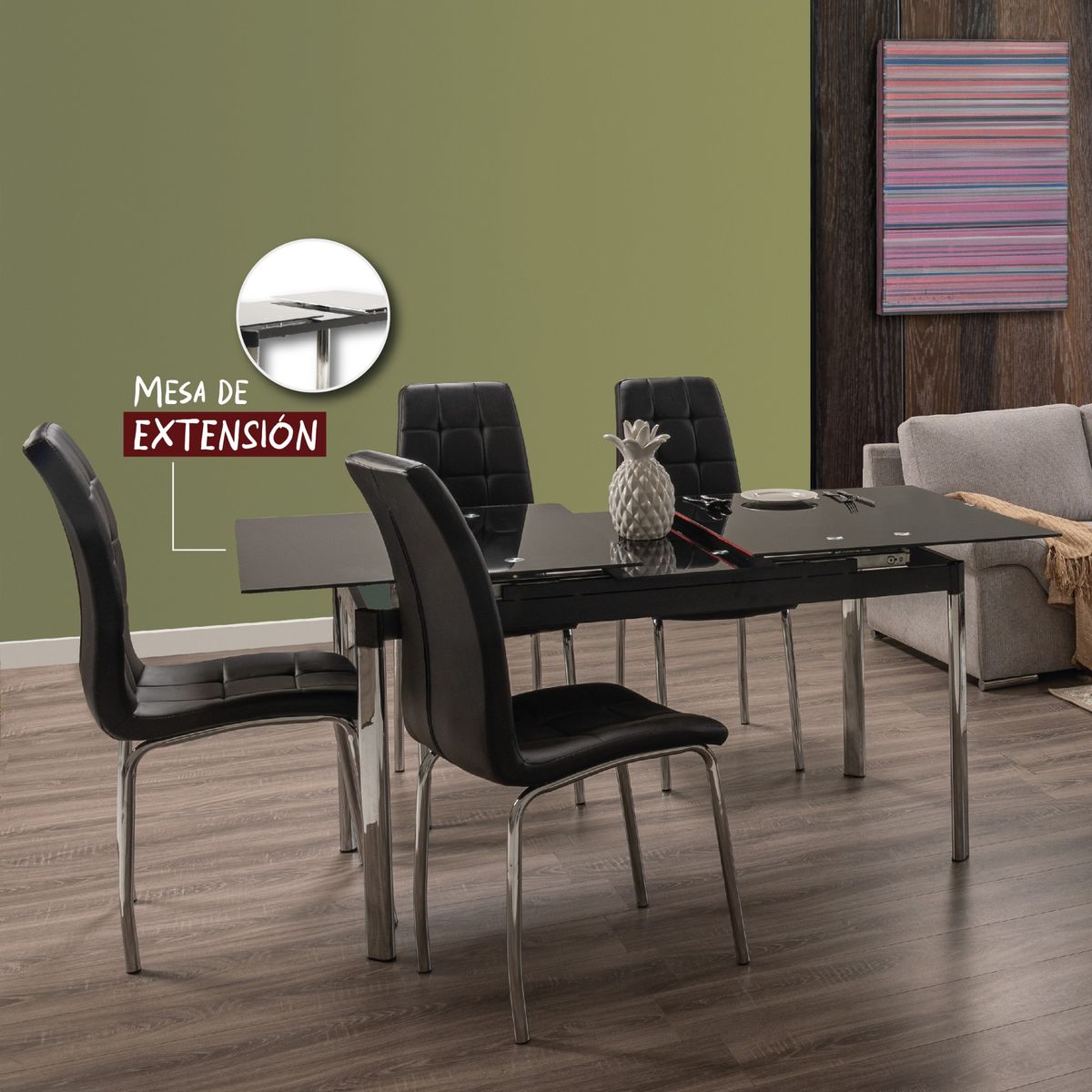 MUEBLES FIOTTI - Mesa de Extensión Vidrio 6 puestos Negro Jainna_.
