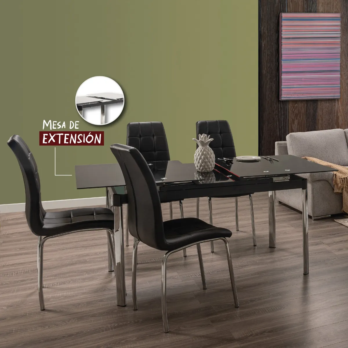 MUEBLES FIOTTI - Mesa de Extensión Vidrio 6 puestos Negro Jainna_.