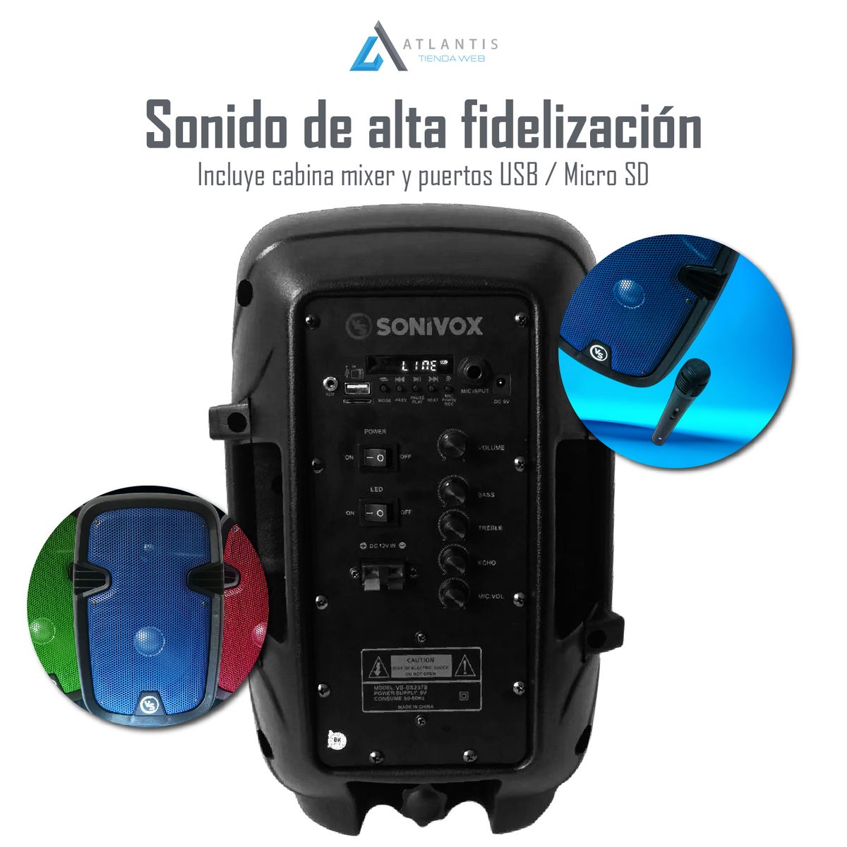 SONIVOX - Parlante Sonivox Vs-ss2378 8 Bluetooth Micrófono Luces Led