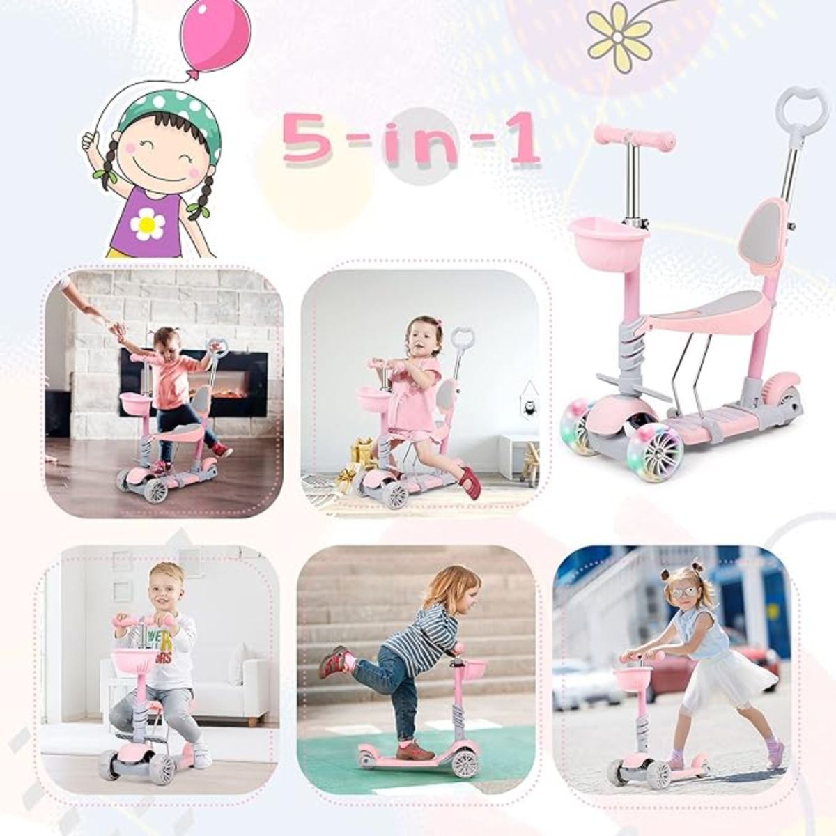 BABY ON - Scooter Patineta 5 En 1 Para Bebes Y Niños Con Descansapies Rosa