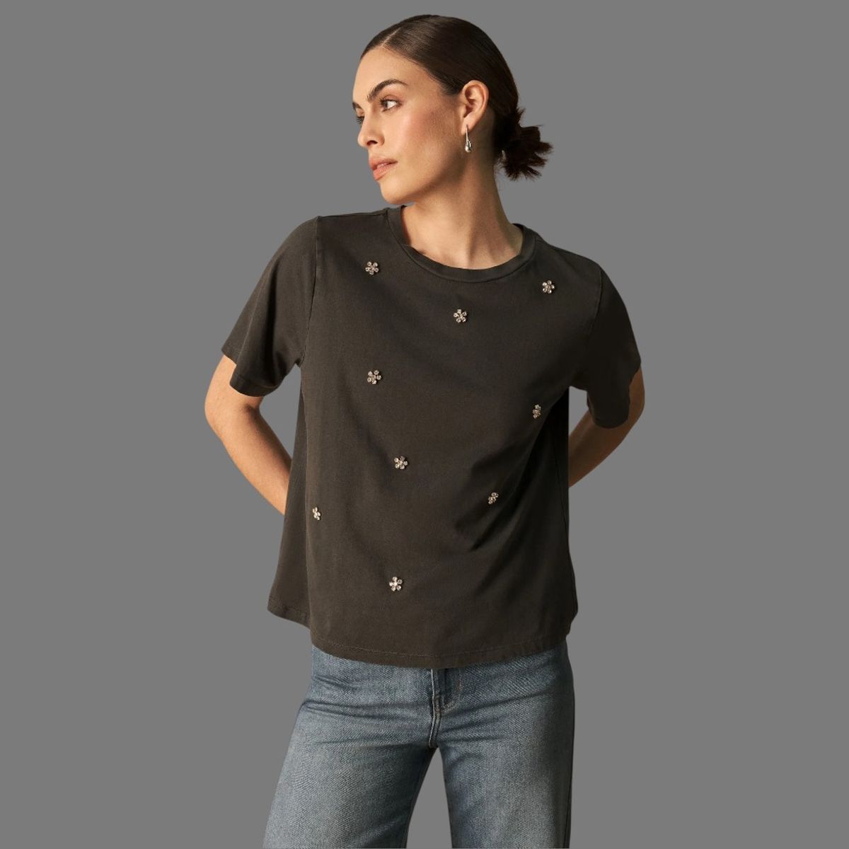 ESPRIT - Esprit Camiseta para Dama Negra Blusa Mujer Detalles Dorados