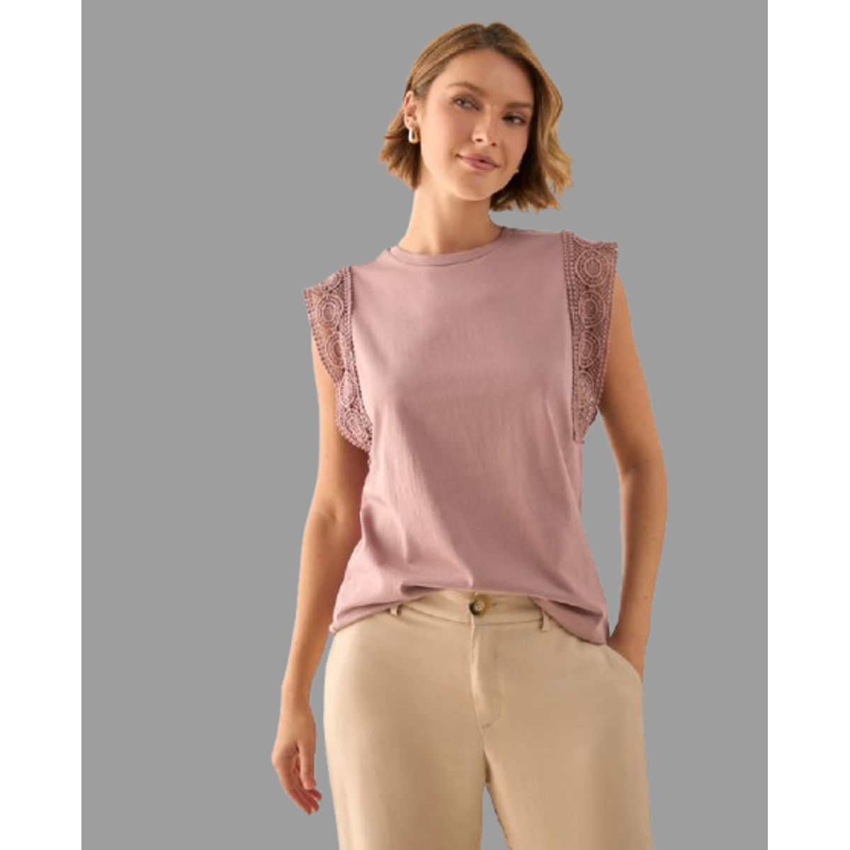 ESPRIT - Esprit Camiseta Dama con Encaje Blusa Mujer Básica Elegante