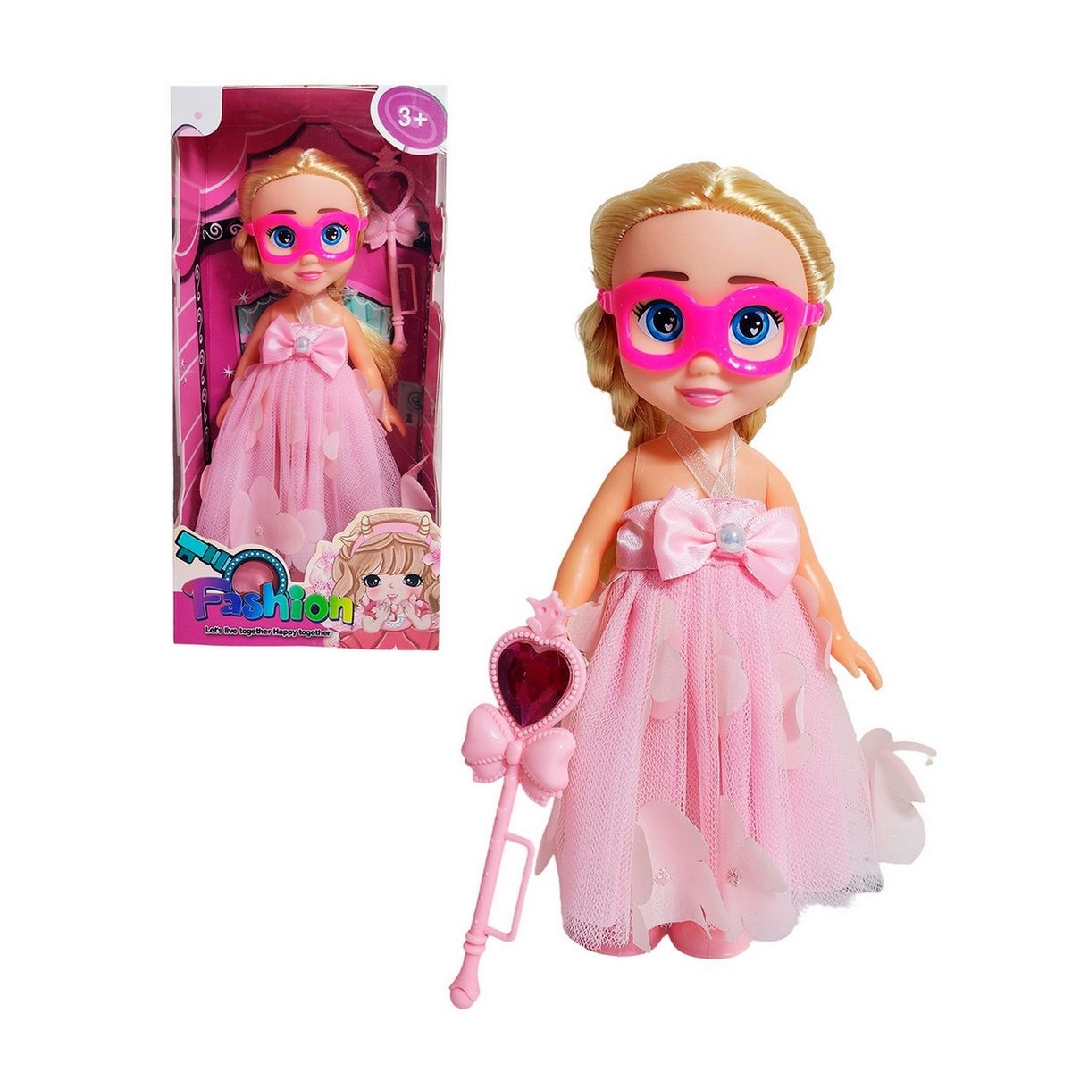 GENERICO - Muñeca Princesa Vestido Con Antifaz + Cetro Mágico Rosa