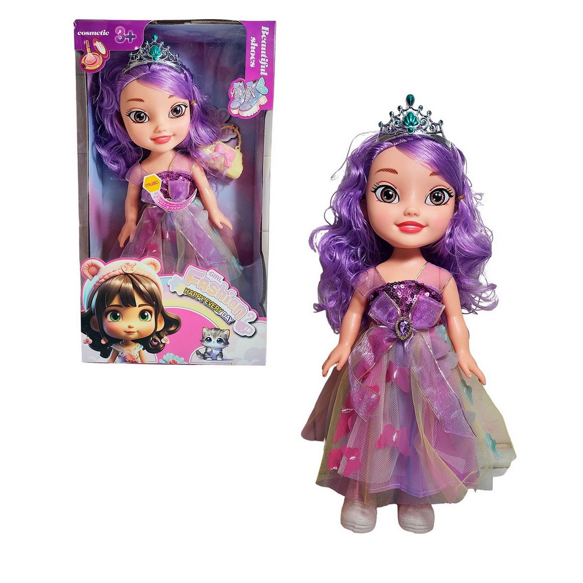 GENERICO - Muñeca Reina Con Corona Y Vestido + Bolso Juguete Niñas