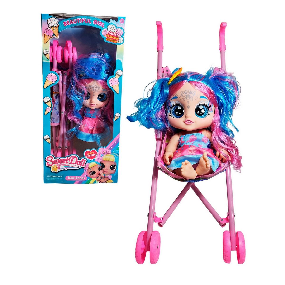 GENERICO - Muñeca Bebe Ojos Expresivos + Coche Juguete Niñas