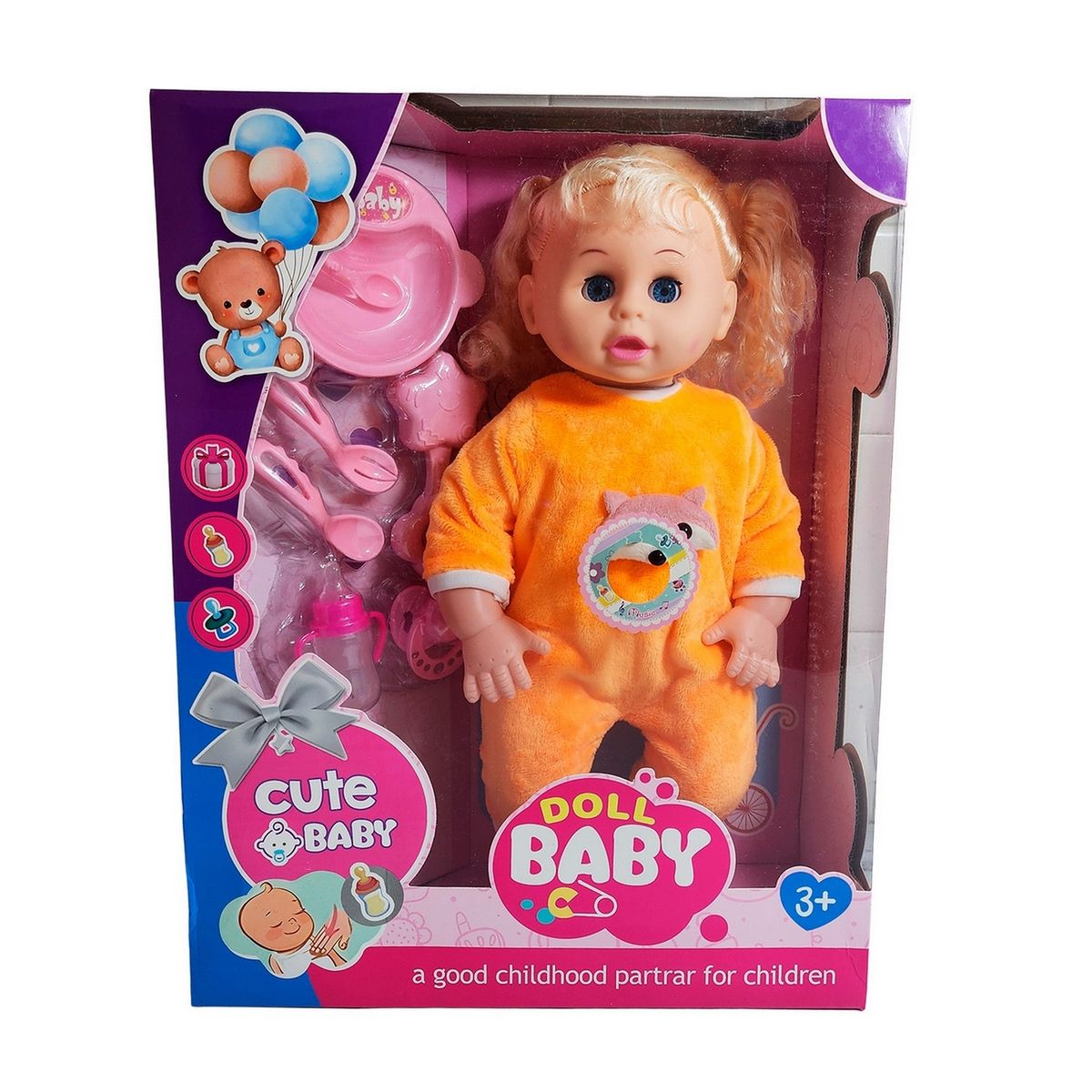 GENERICO - Muñeca Bebe Con Vestido Sonajero + Utencilios De Comida