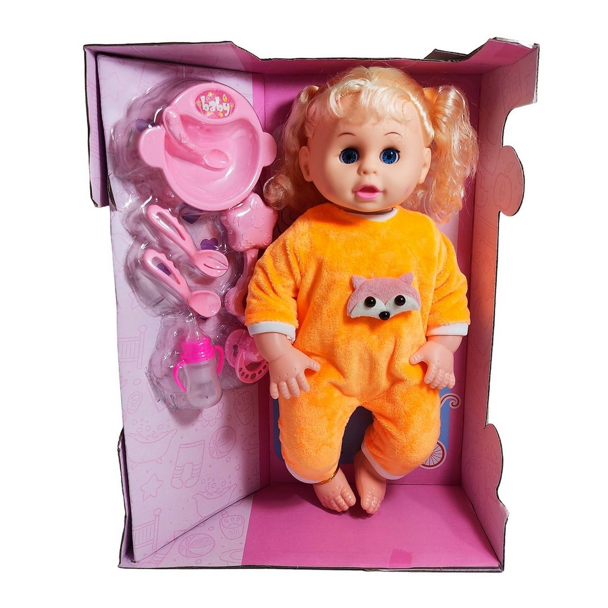 GENERICO - Muñeca Bebe Con Vestido Sonajero + Utencilios De Comida