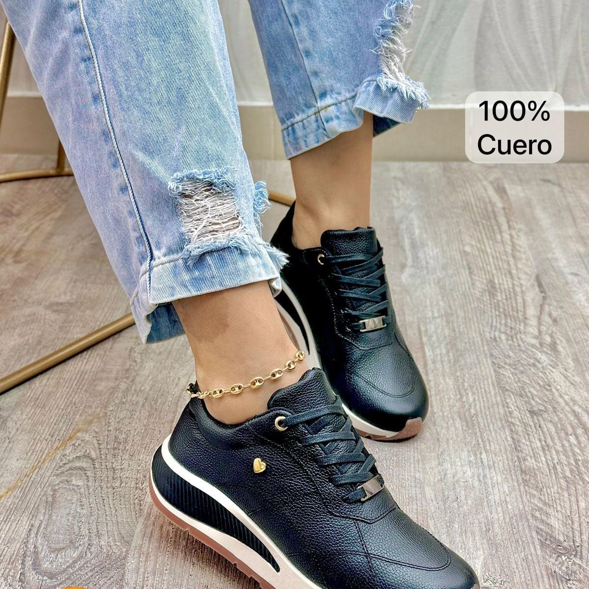 EVEGONZ - Tenis Deportivo Negro en Cuero Zapato Cómodo