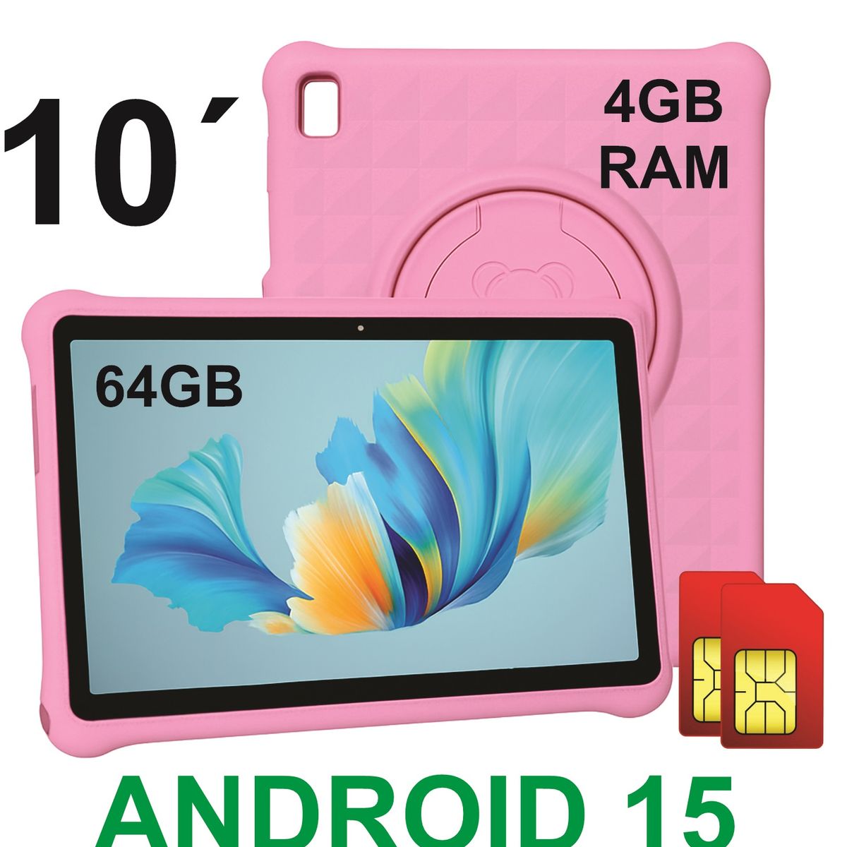 KRONO - Tablet 10” Niños 4GB RAM 8GB Virtual 64GB Doble SIM 13MP ANDROID 15 + Funda Silicona Infantil ROSADO