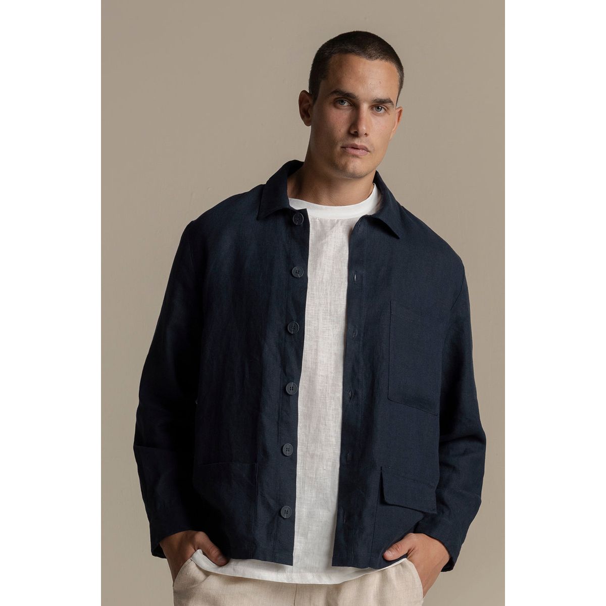 ILOT - Sobrecamisa en lino azul Manga larga SH51A61