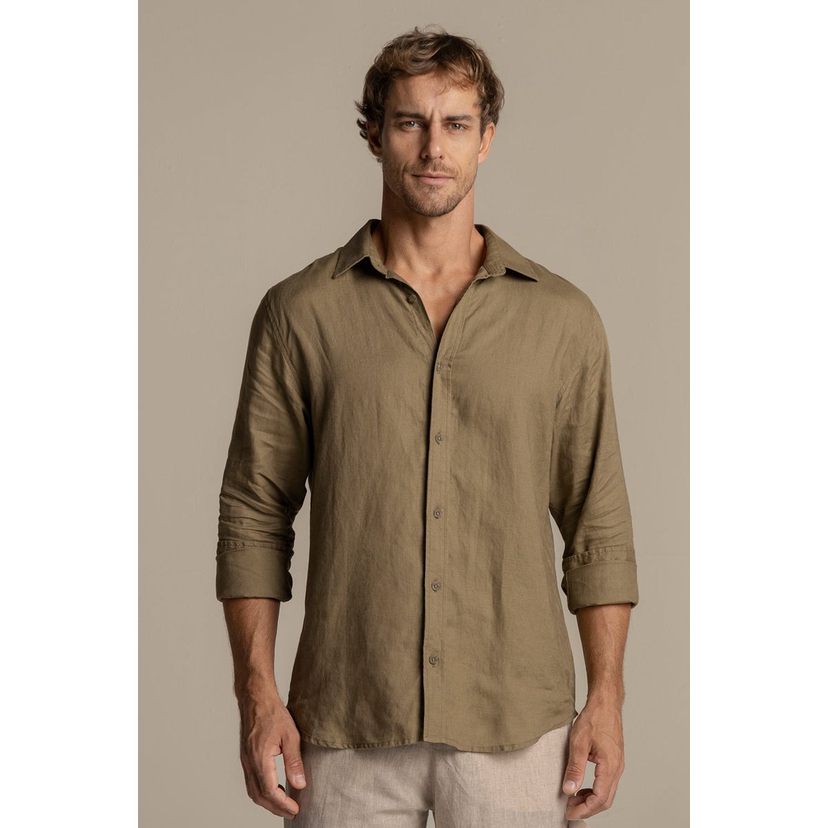 ILOT - Camisa Bora Bora en lino verde oliva Manga larga SH55V61