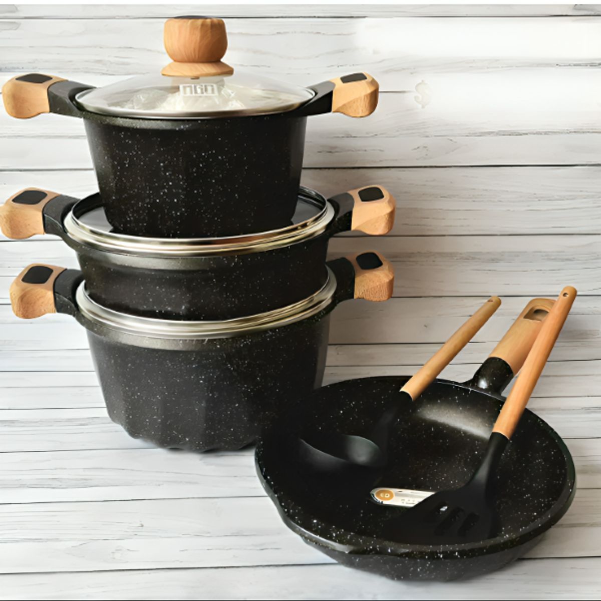 STANZIA HOME - Juego de Ollas y Sartenes Antiherentes de Piedra Maifan