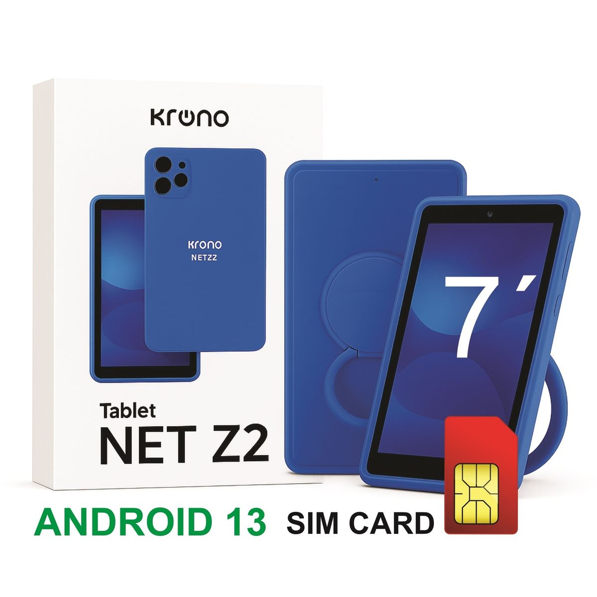 KRONO - Tablet 7 Pulgadas Sim Card 32GB Android 13 + Funda Silicona Azul