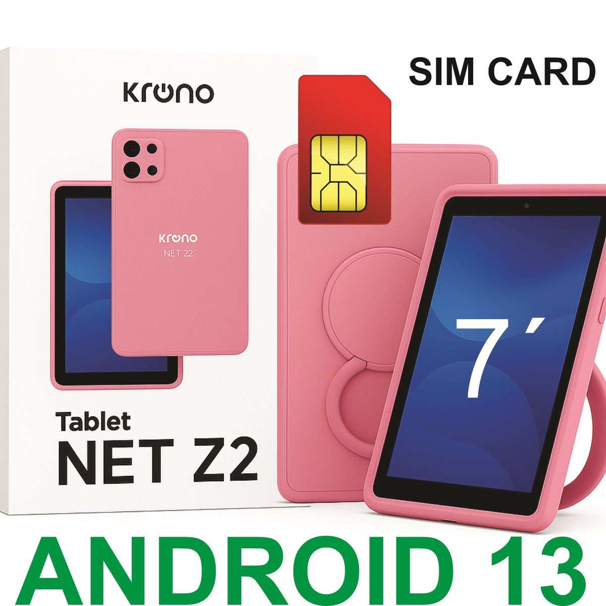 KRONO - Tablet 7 Pulgadas Sim Card 32GB Android 13 + Funda Silicona Rosado