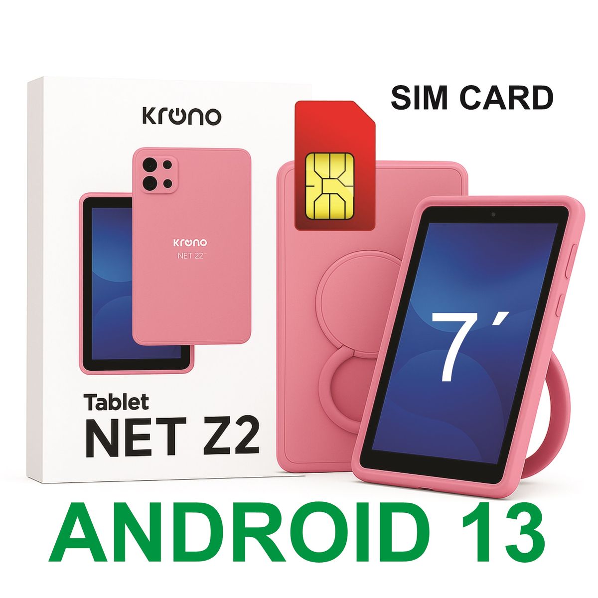 KRONO - Tablet 7 Pulgadas Sim Card 32GB Android 13 + Funda Silicona Rosado