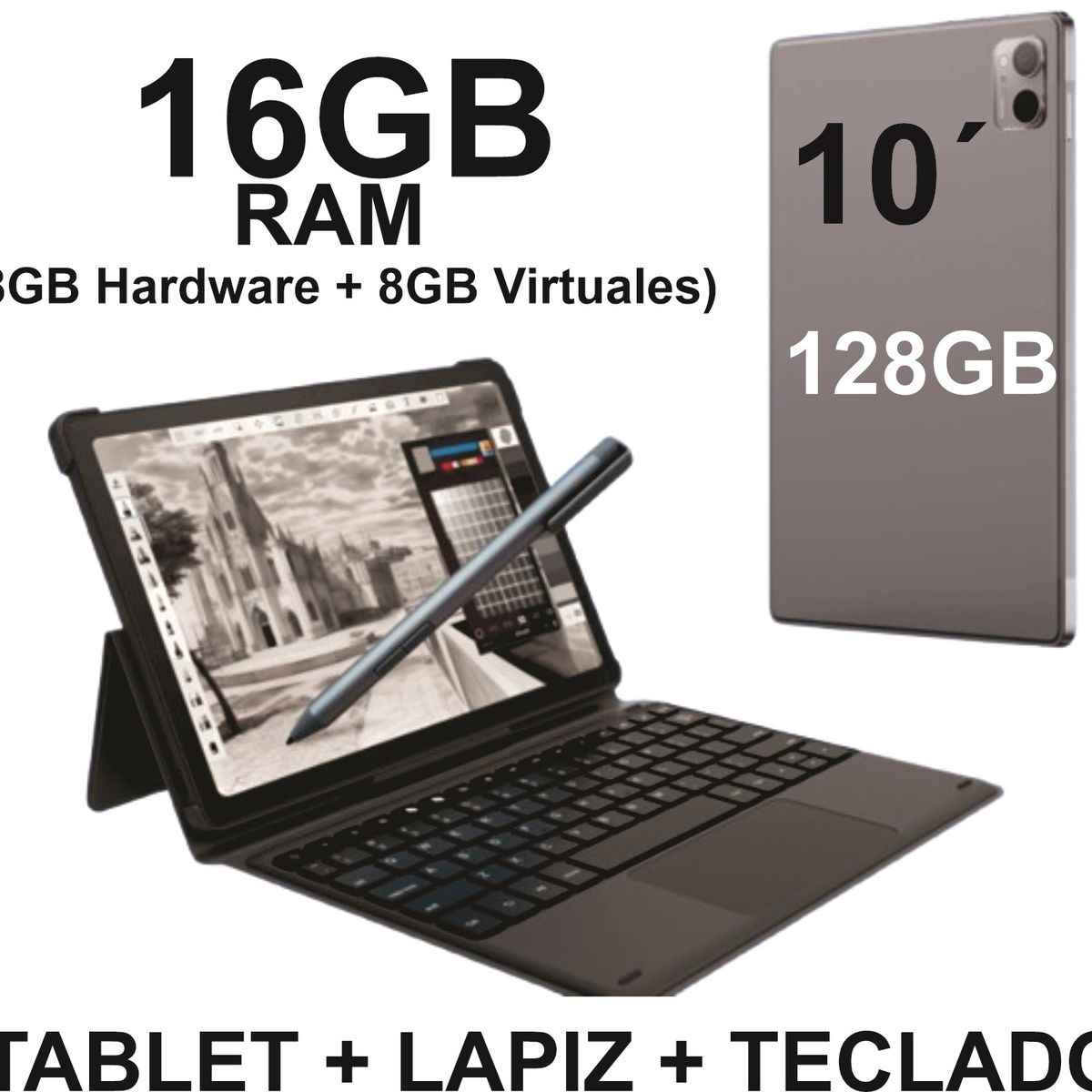 KRONO - Tablet 10 Pulgadas 16GB RAM 128GB Android con Teclado y Lápiz Óptico Gris
