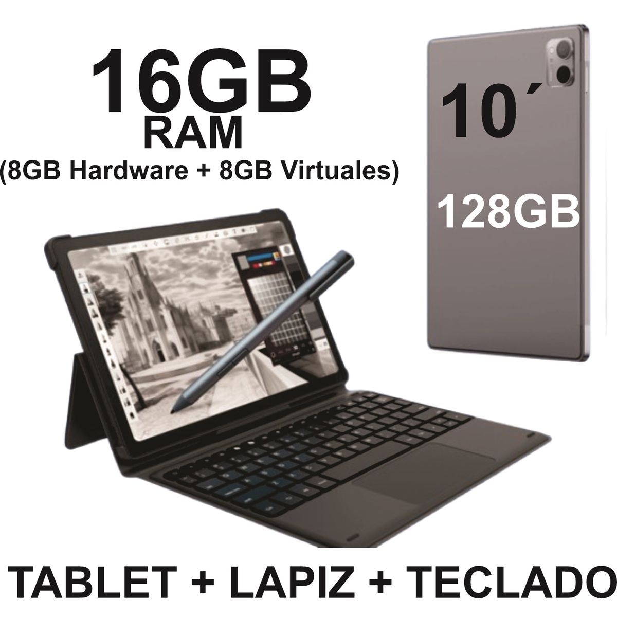 KRONO - Tablet 10 Pulgadas 16GB RAM 128GB Android con Teclado y Lápiz Óptico Gris