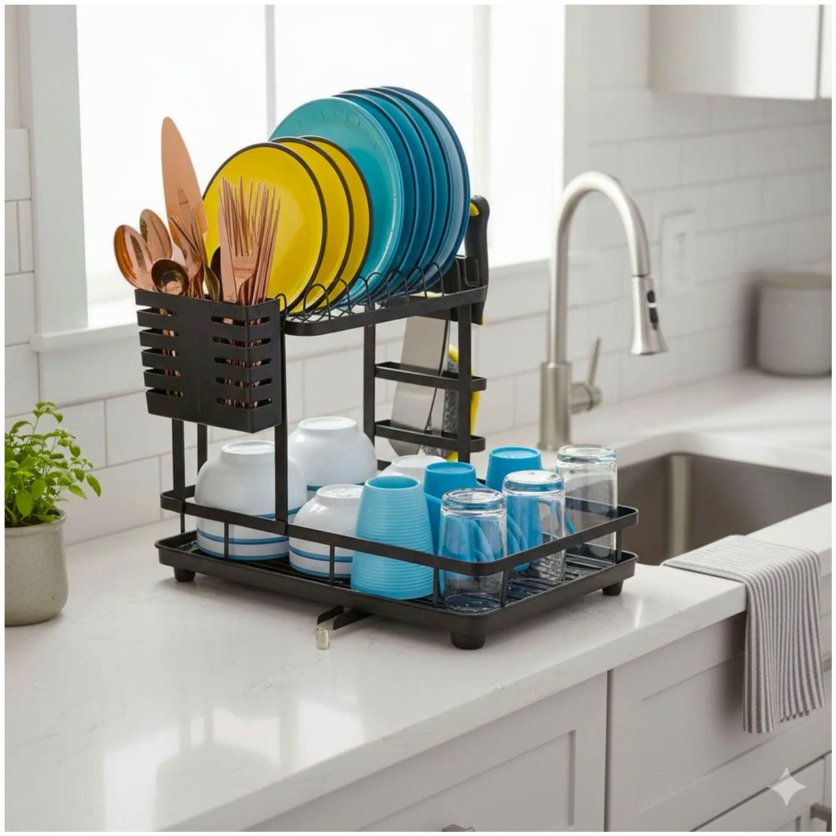 ONE PIXEL - Escurridor De Platos Organizador De Cocina 2 Niveles Con Porta Cubiertos