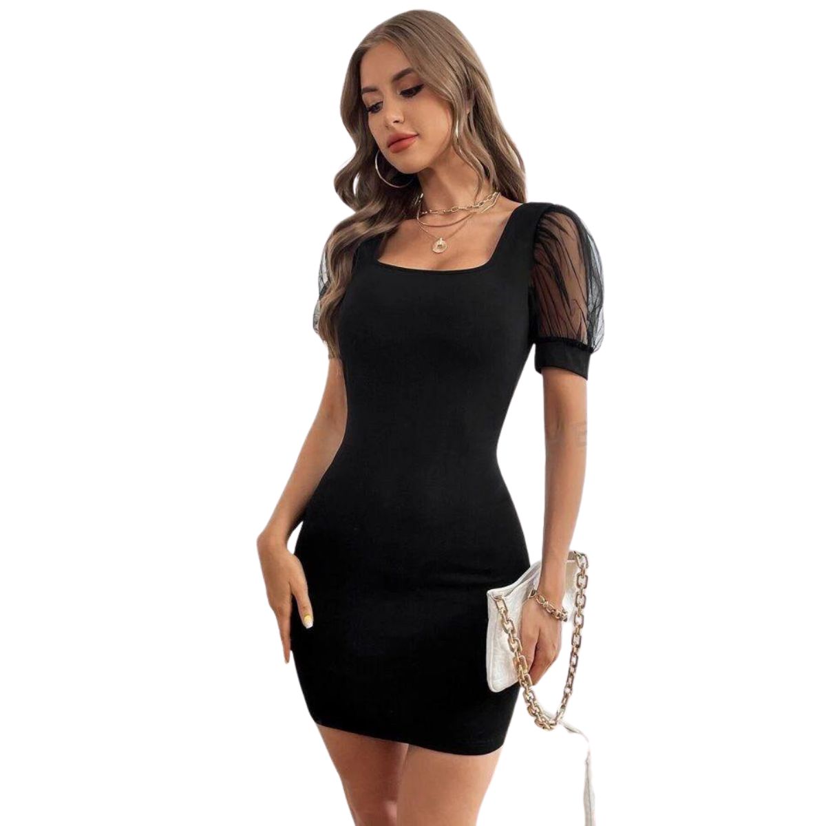 NEGRELI - Vestido mujer ceñido manga transparente NEGRELI