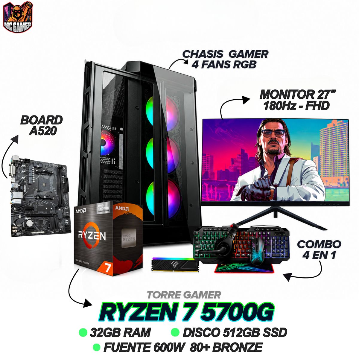 AMD - PC GAMING READY - RYZEN 7 5700G - 32GB RAM - 512GB SSD - MONITOR 27 180Hz + WINDOWS 11