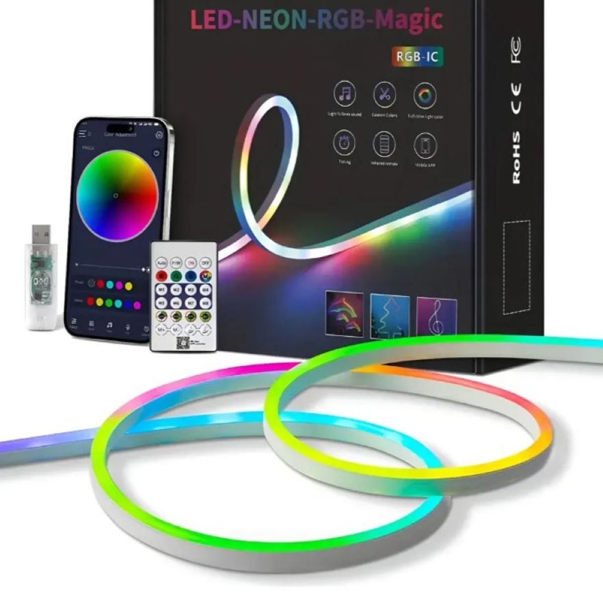 ZHOPI CO - Cinta Tira Led Luz Neon Rgb Manguera 5 Metros Ritmica Usb