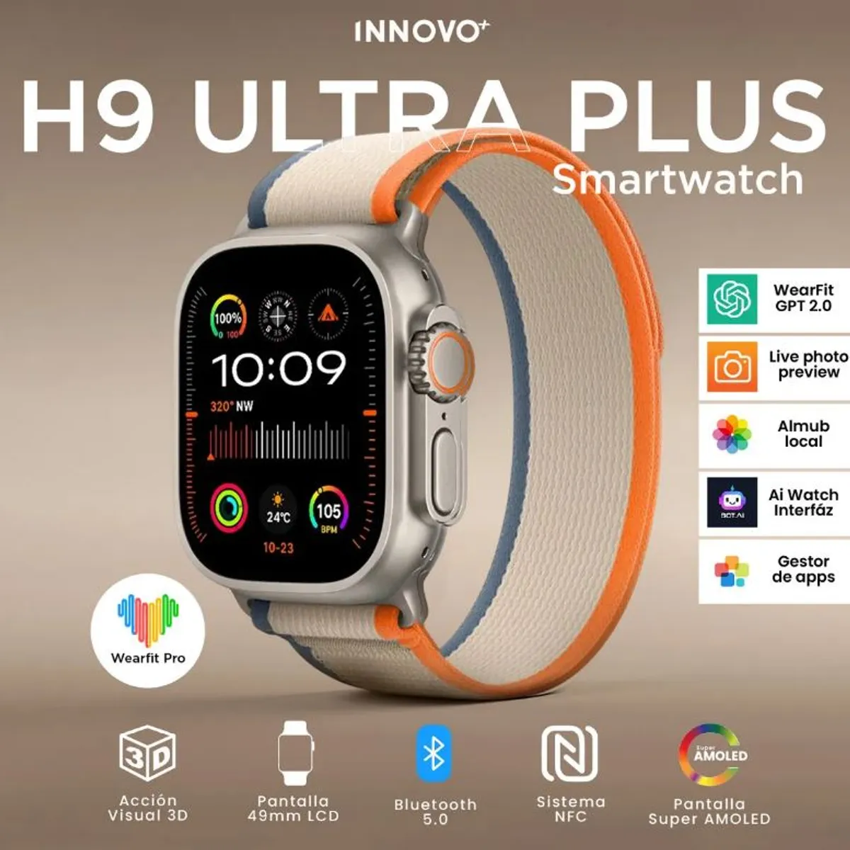 MOBULA - Smartwatch H9 Ultra Plus 49mm + 7 Correas - Nfc, Amoled, Bluetooth 5.0