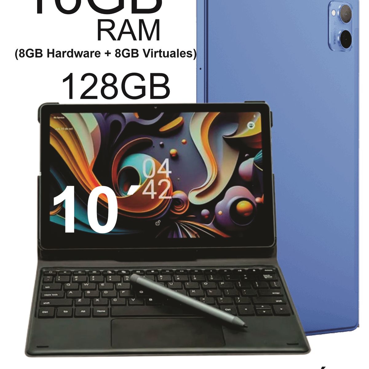 KRONO - Tablet 10 Pulgadas 16GB RAM (8+8) 128GB Android con Teclado y Lápiz Óptico AZUL