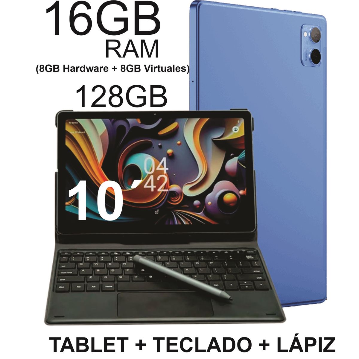 KRONO - Tablet 10 Pulgadas 16GB RAM (8+8) 128GB Android con Teclado y Lápiz Óptico AZUL