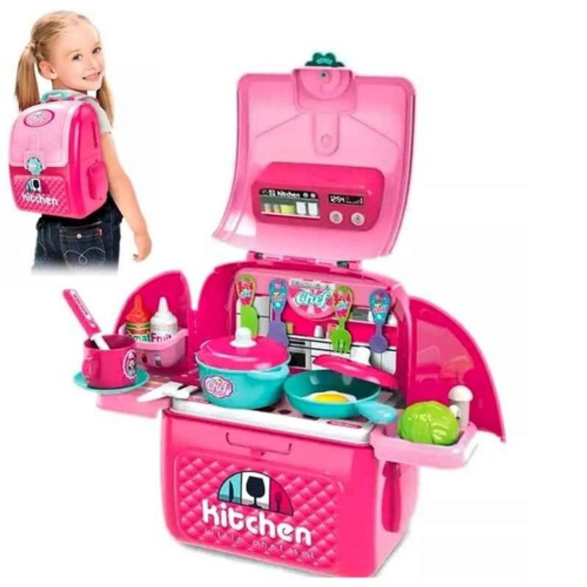 GENERICO - Set de Cocina Infantil 2 en 1 Mochila Chef con Accesorios – Juego de cocina para Niñas