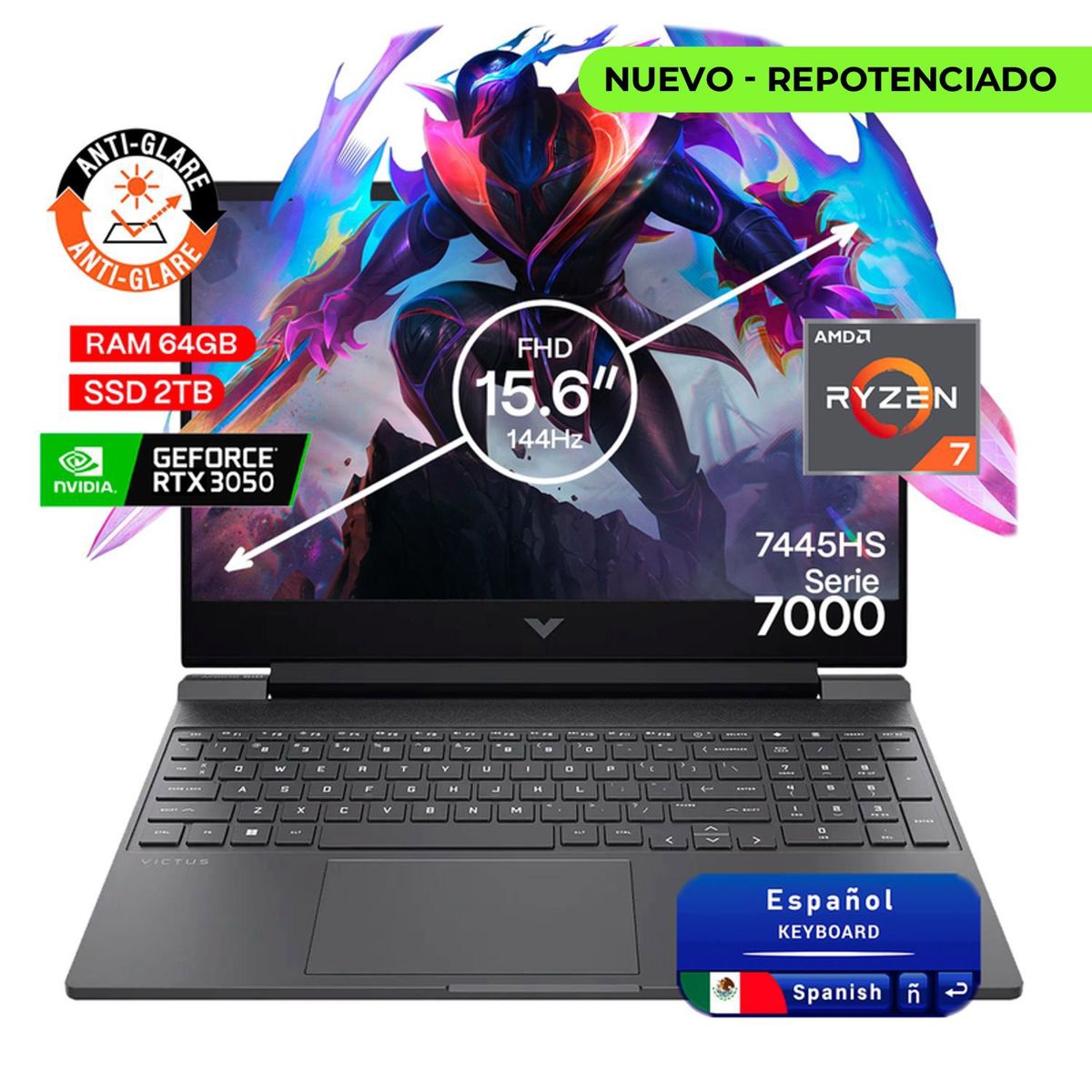 HP - Portátil Gamer Hp Victus AMD Ryzen 7 RAM 64GB SSD 2TB RTX 3050 6GB 144Hz