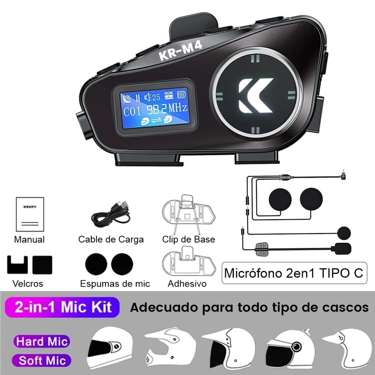 COLME TECHNOLOGY HOME - Intercomunicador Para Moto Bluetooth Lcd Fm Kr-m4 Combo X2
