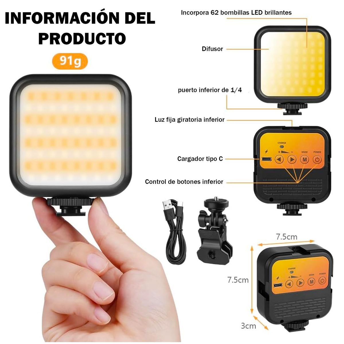 ONE PIXEL - Luz Led Portátil Para Cámara Video Brillo Ajustable Celular Ergonomica