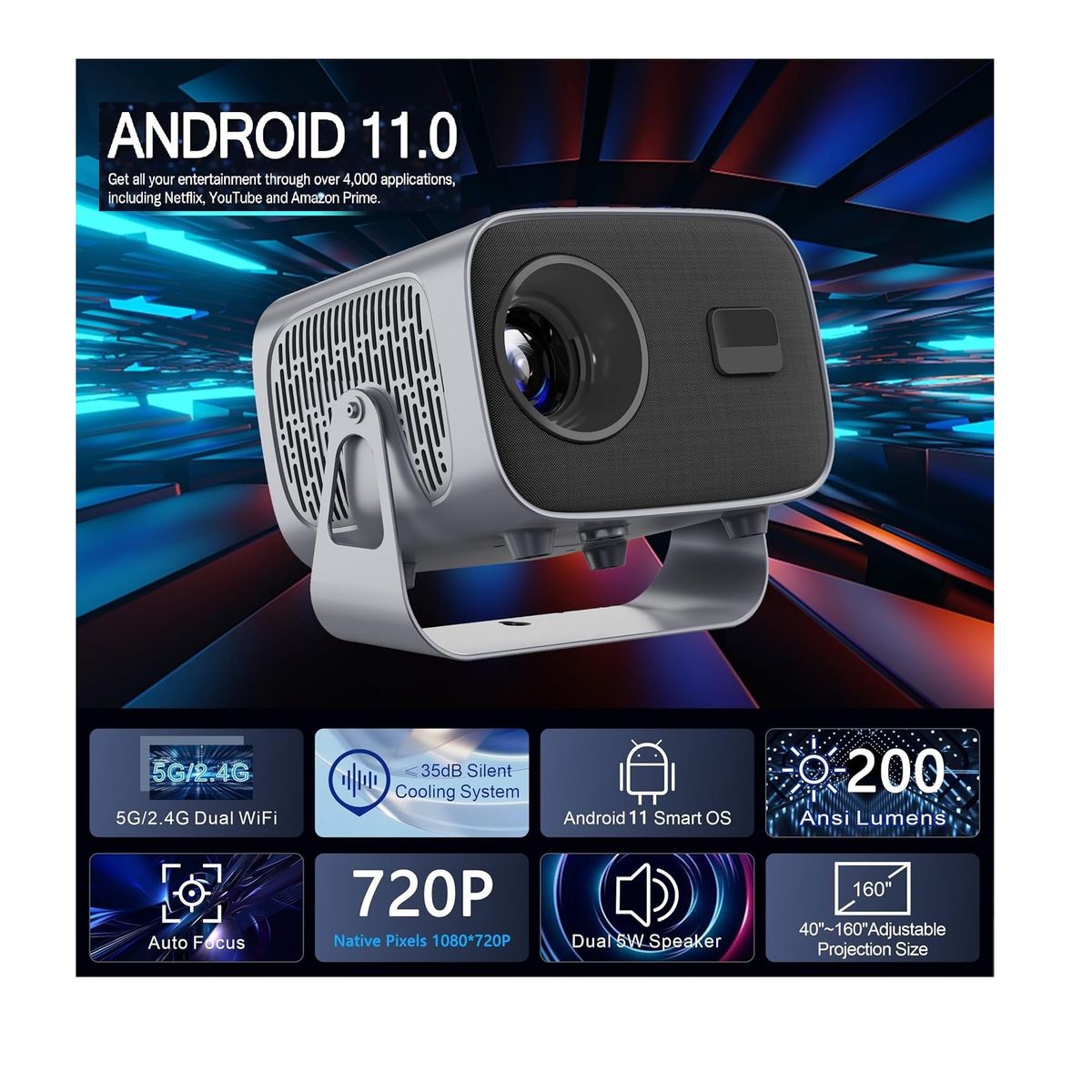 GENERICO - Proyector Video Beam Led Android 11 Bluetooth 1080p Wi Fi USB
