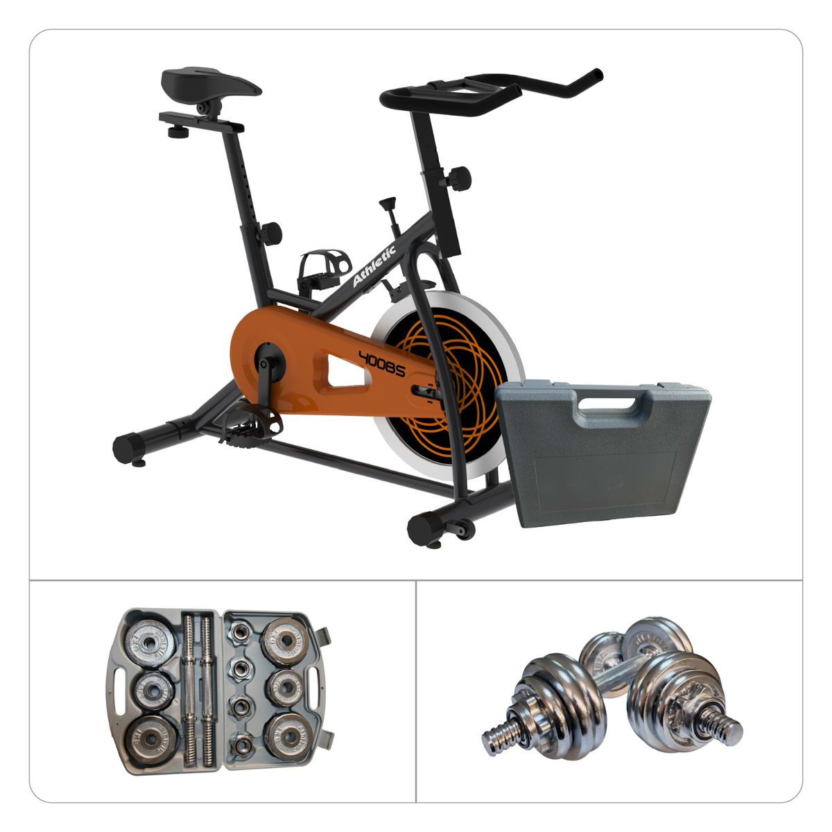 ATHLETIC - Combo Power Fit Pedalea y Fortalece Bicicleta Spining 400BS + Kit de mancuernas 14Kg ATHDS33-B-14KG