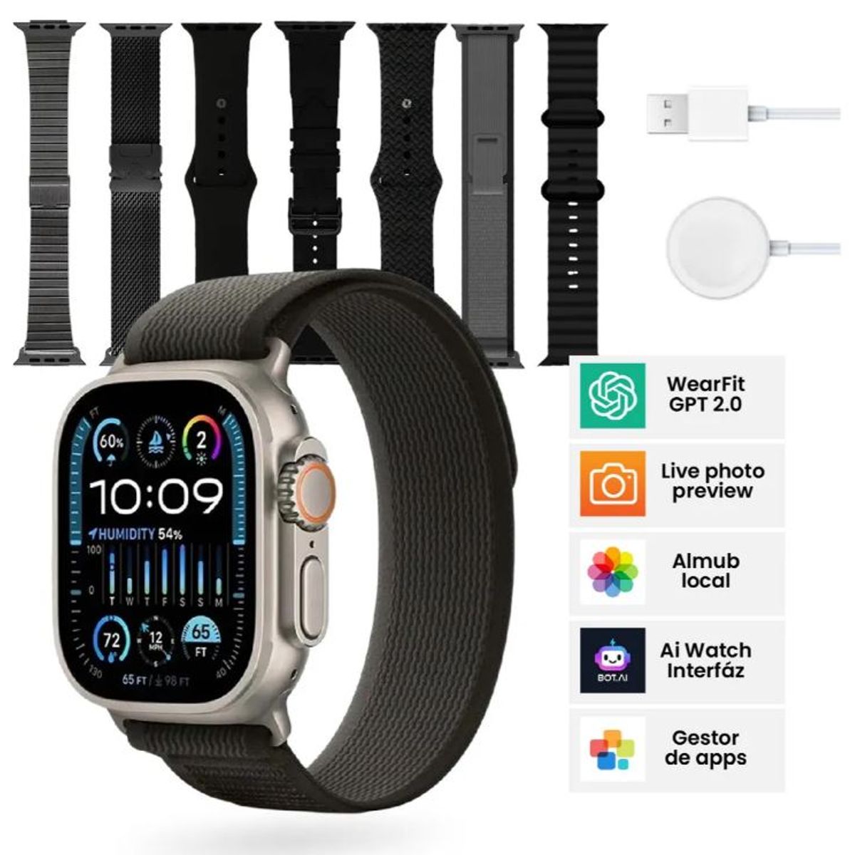 MOBULA - Smartwatch H9 Ultra Plus 49mm 7 Correas Nfc, Amoled, Bluetooth Negro
