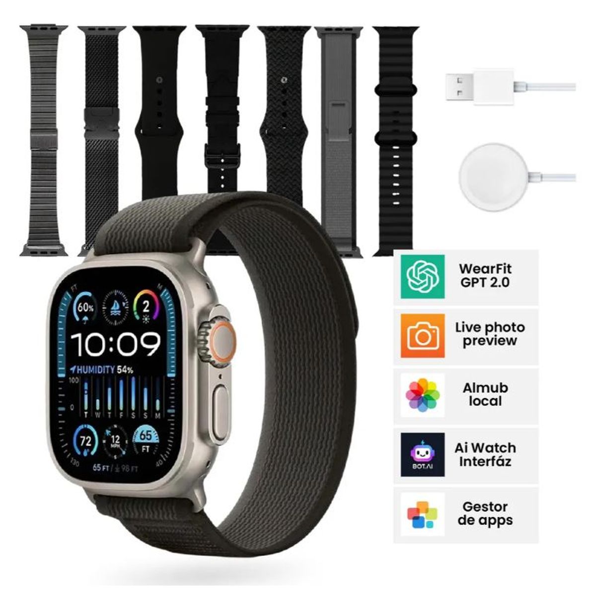 MOBULA - Smartwatch H9 Ultra Plus 49mm 7 Correas Nfc, Amoled, Bluetooth Negro