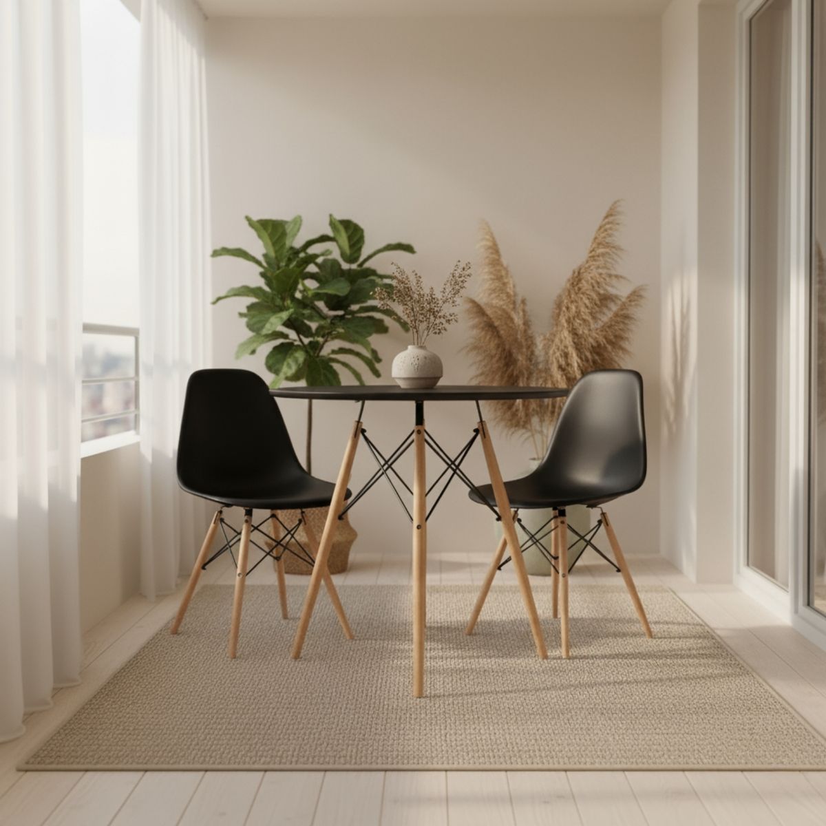 ENTRE NOS HOME - Juego Comedor Joly 2 Sillas Estilo Eames Redondo 80 cm Negro/Madera Balcón
