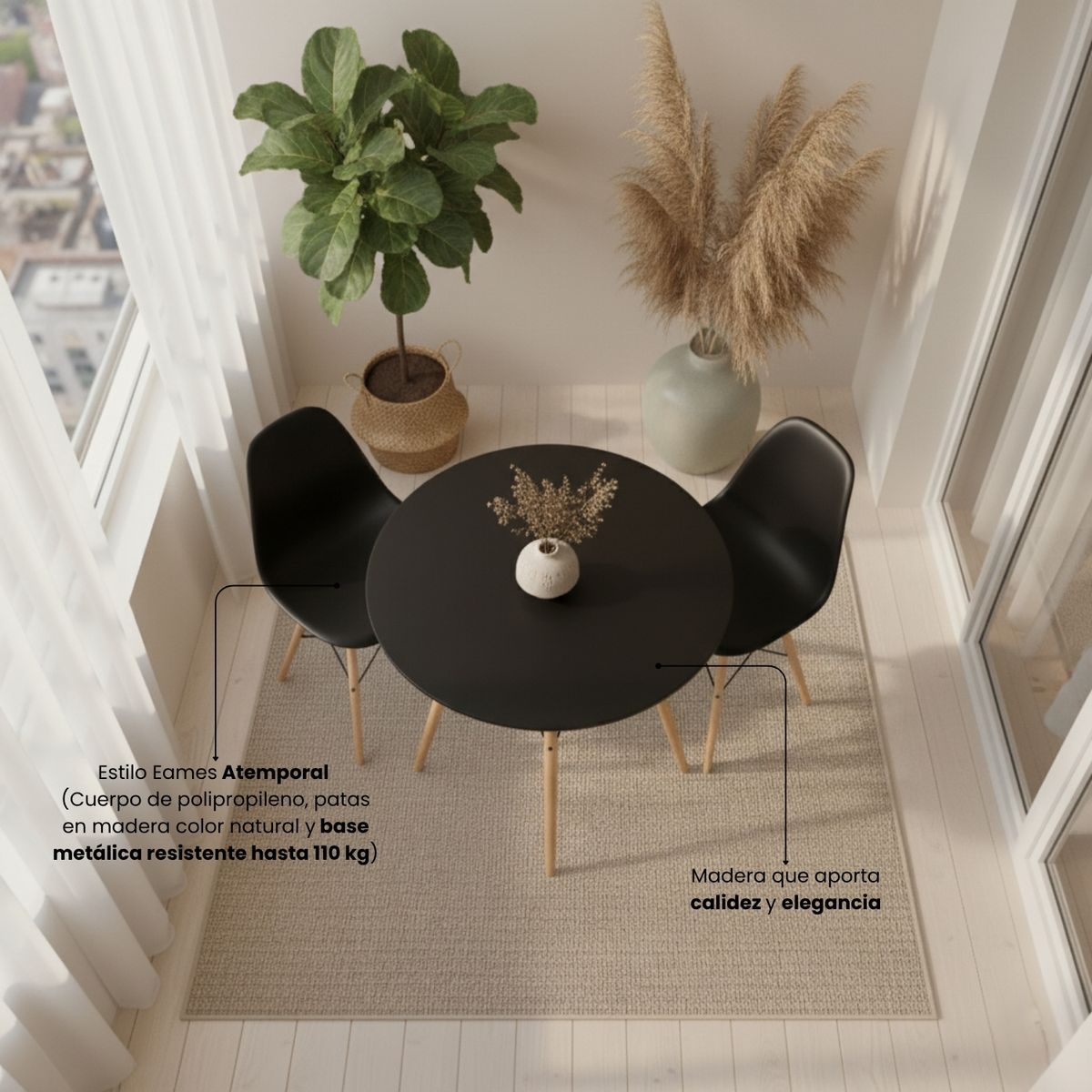 ENTRE NOS HOME - Juego Comedor Joly 2 Sillas Estilo Eames Redondo 80 cm Negro/Madera Balcón