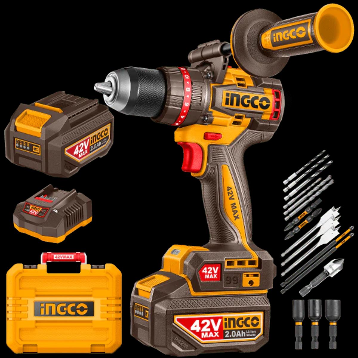 INGCO - Taladro Impacto Inalámbrico 42V 99Nm + 2 Baterías Cargador INGCO UCIDLI429982