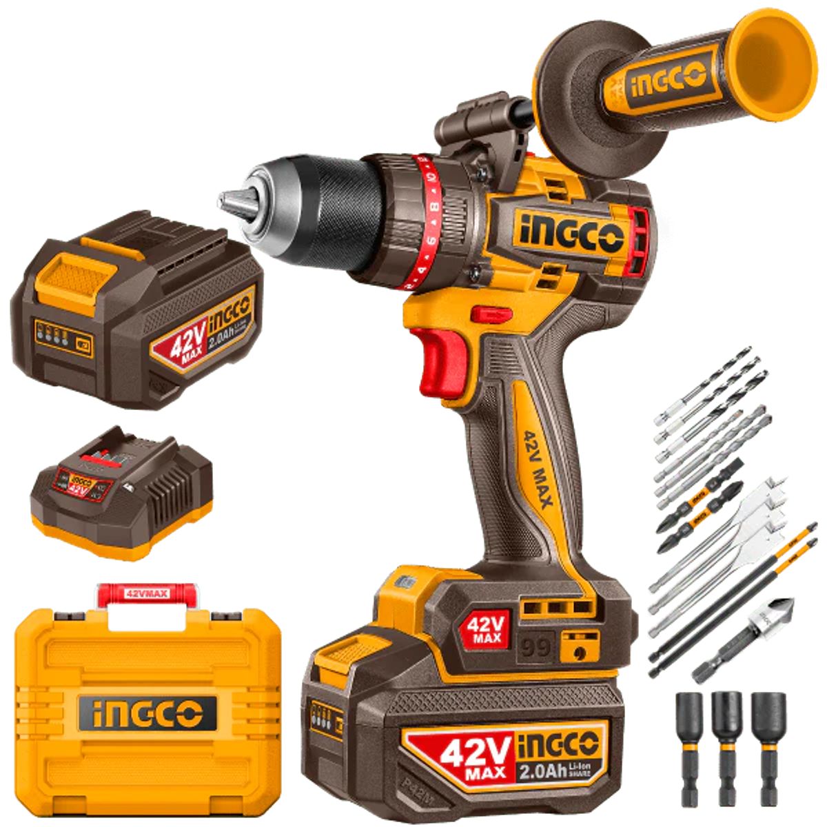 INGCO - Taladro Impacto Inalámbrico 42V 99Nm + 2 Baterías Cargador INGCO UCIDLI429982
