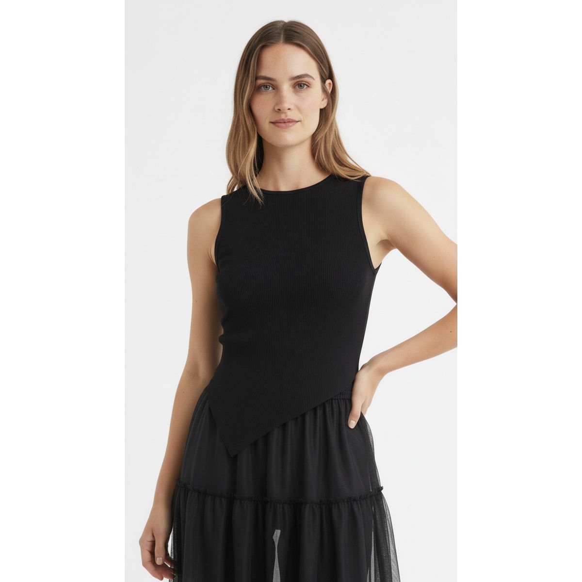 BELIFE - Camiseta manga sisa negra para mujer