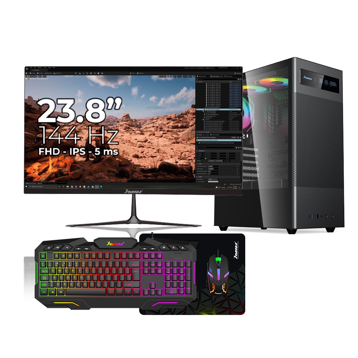 JANUS - Computador De Escritorio Ryzen 5 5600Gt 16Gb Ram Rgb Ssd 512Gb Fuente 400W Monitor 24 Pulgadas 144Hz