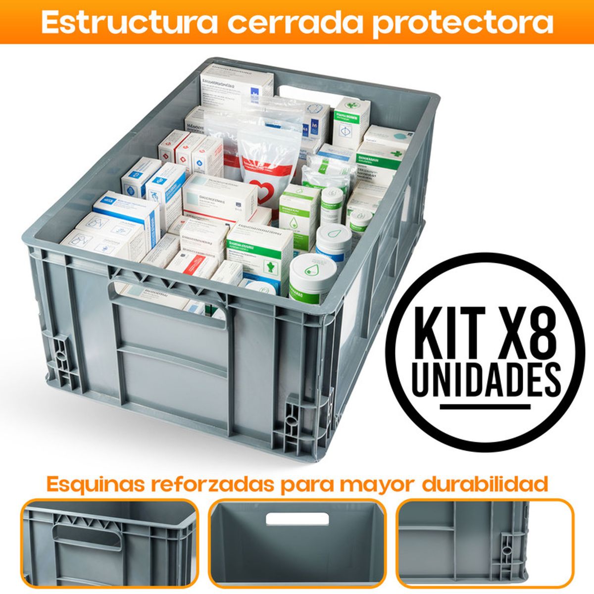 ENERGY PLUS - Set x8 Canastilla Plástica Tapada 60x40x25cm Apilable Industrial