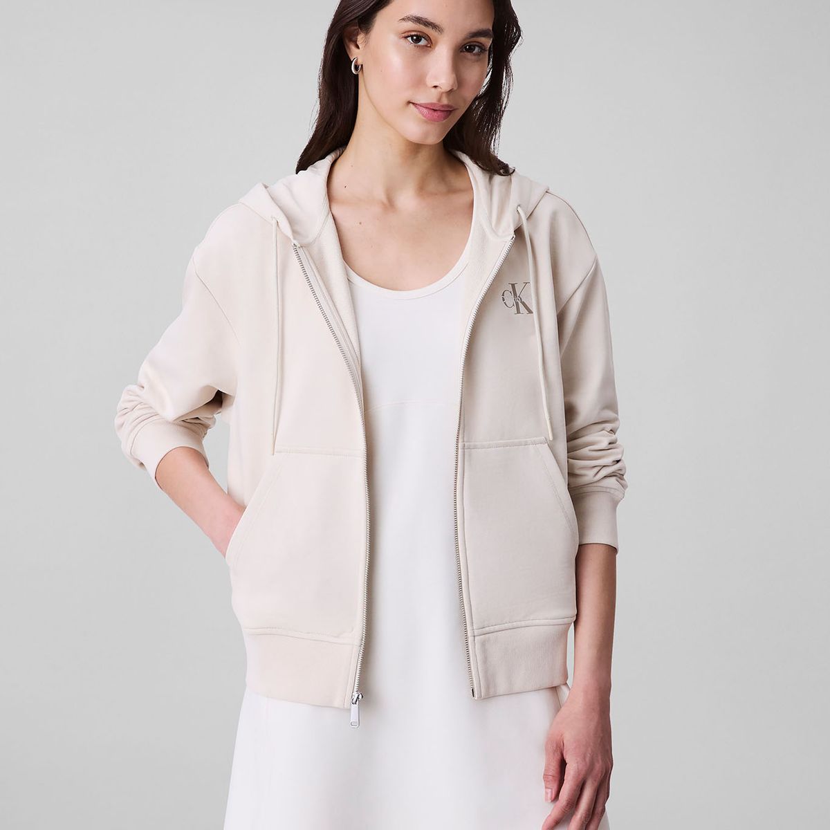 CALVIN KLEIN - Buzo beige con capota y cierre de cremallera Calvin Klein