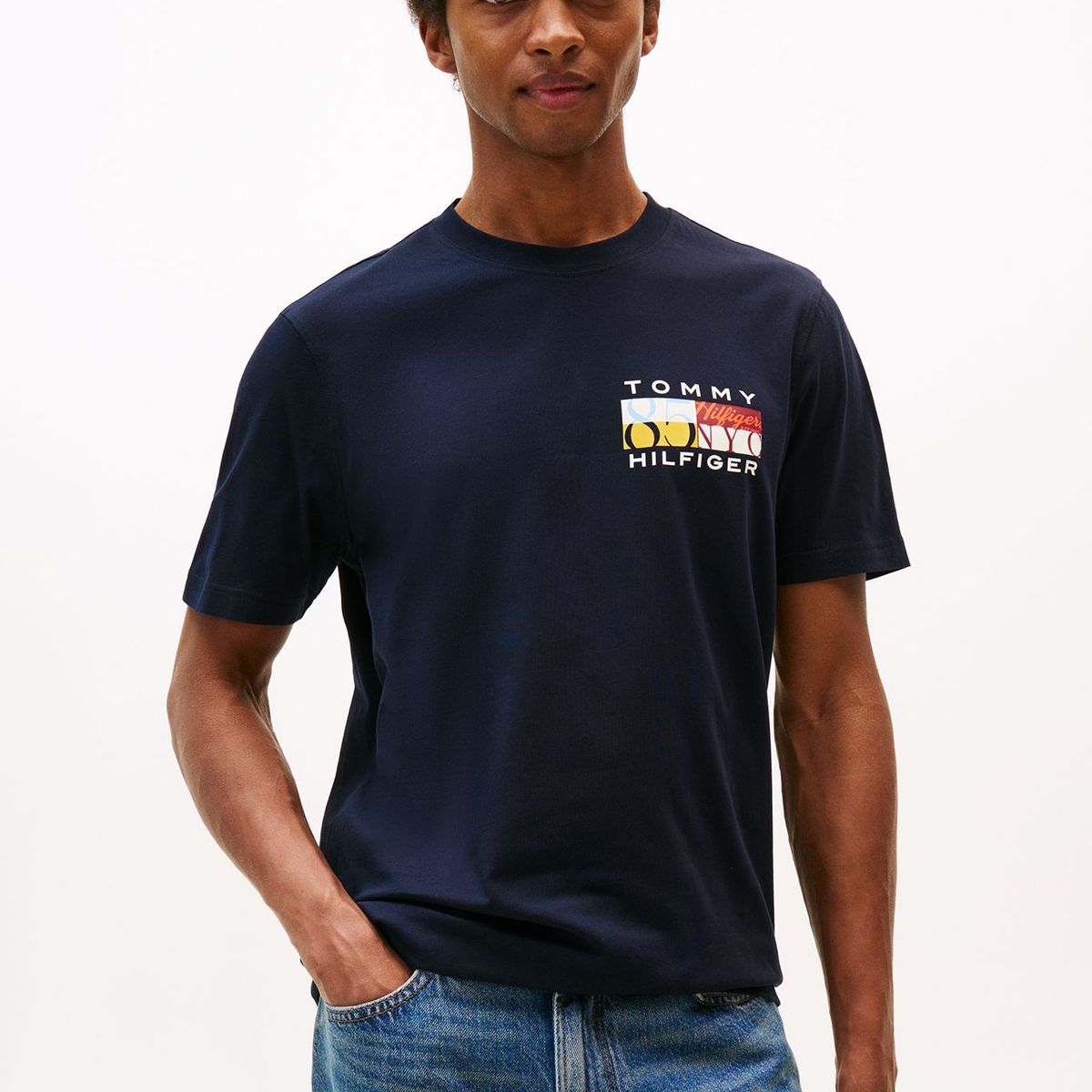 TOMMY HILFIGER - Camiseta azul de cuello redondo con logo Tommy Hilfiger