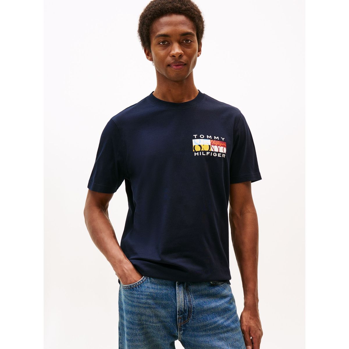 TOMMY HILFIGER - Camiseta azul de cuello redondo con logo Tommy Hilfiger