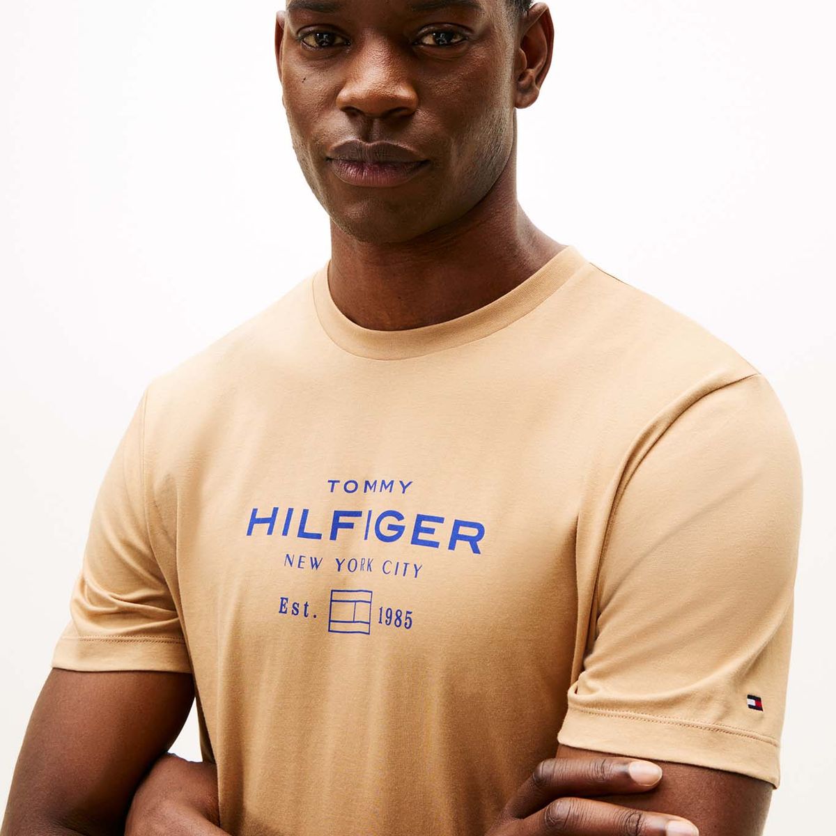 TOMMY HILFIGER - Camiseta marrón de cuello redondo con logo Tommy Hilfiger