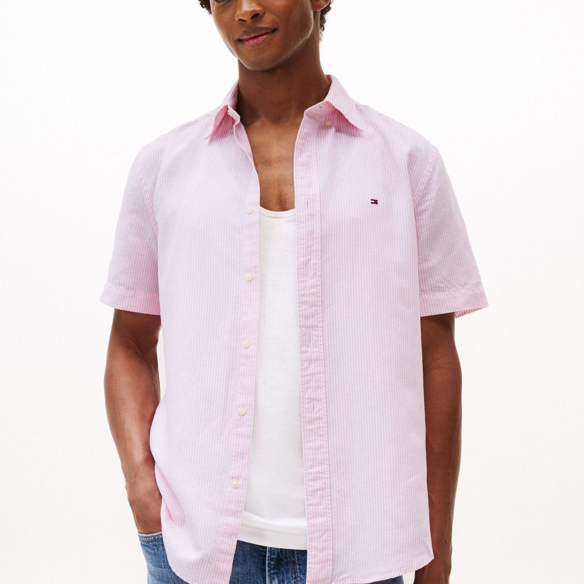 TOMMY HILFIGER - Camisa rosa de manga corta de lino Tommy Hilfiger