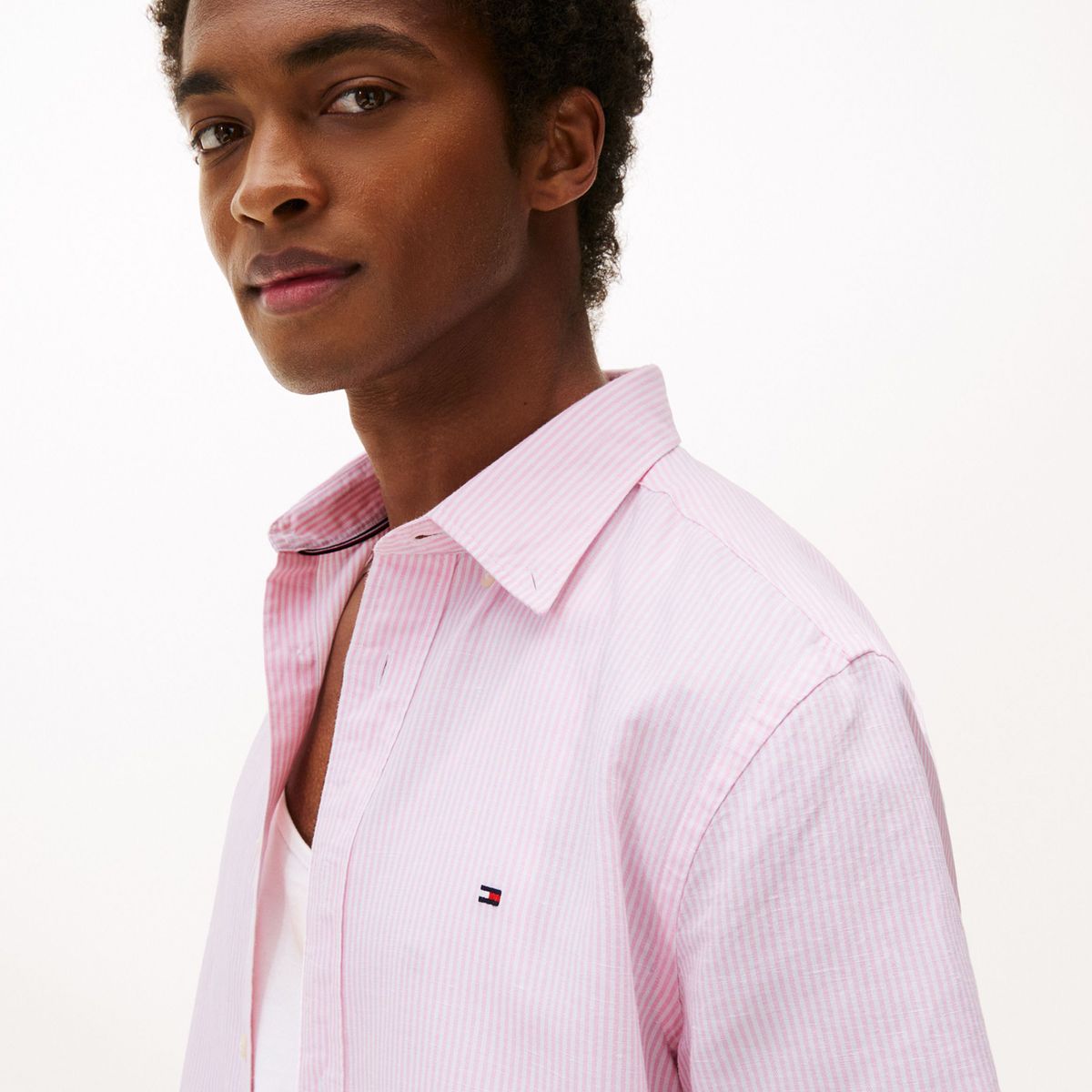 TOMMY HILFIGER - Camisa rosa de manga corta de lino Tommy Hilfiger
